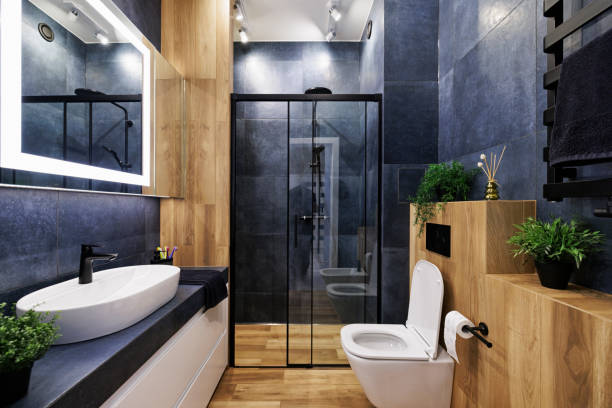 Bathroom with dark blue-gray walls and contrasting satin finishes by a house painter in Mission Viejo, CA
