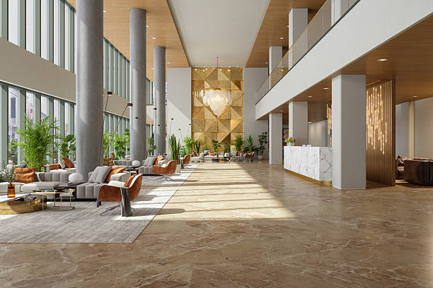 Commercial interior with neutral wall colors, contrasting trim, and wood accents by a painting company in Riverside, CA